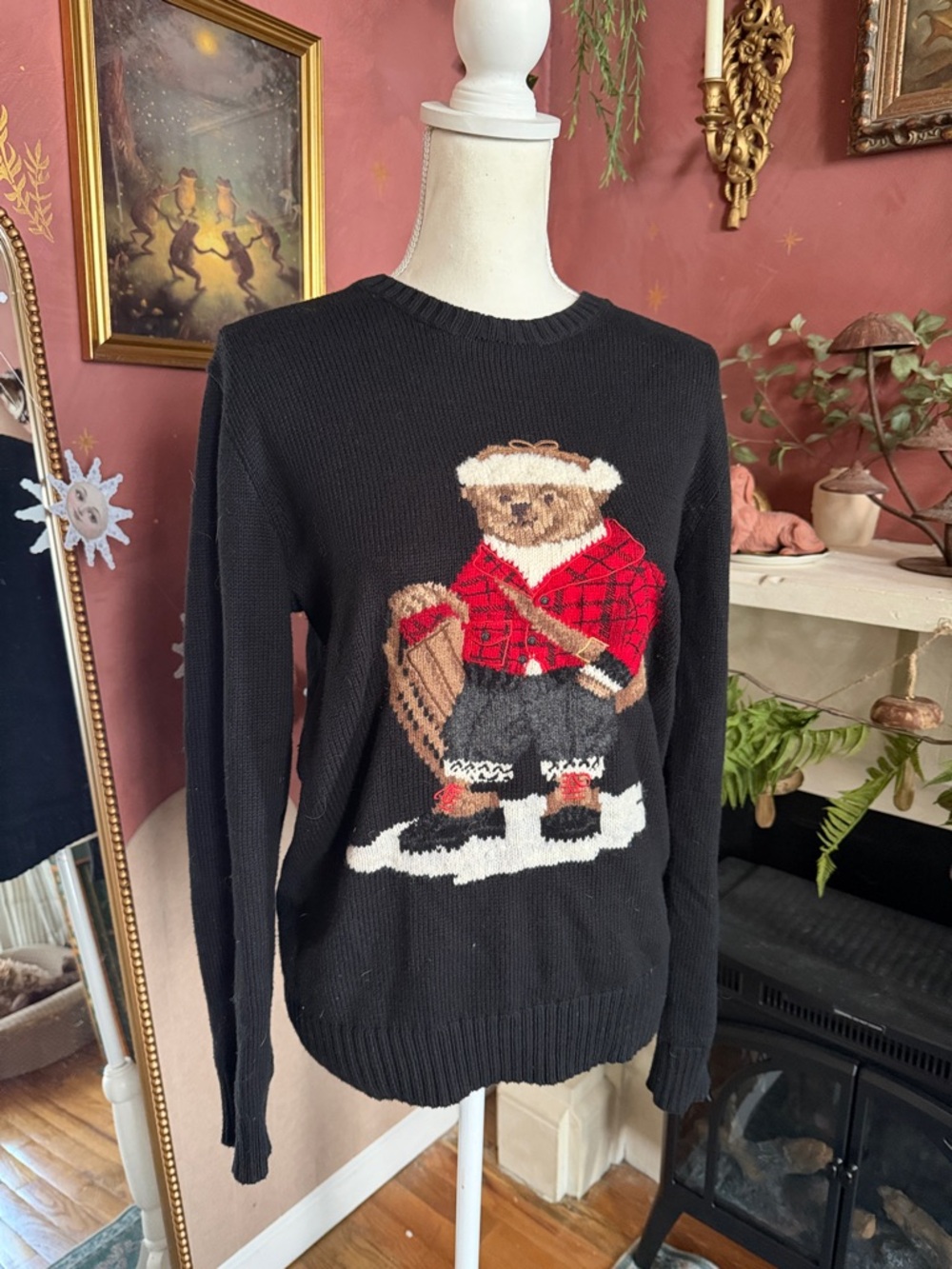 Polo Ralph Lauren Black Knit Sweater with Bear Graphic